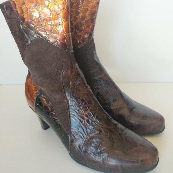 Helle Laine Womens Heels Brown Croc Patch Suede Leather Boots US 8.5-9 M EUR 39 - Picture 2 of 11